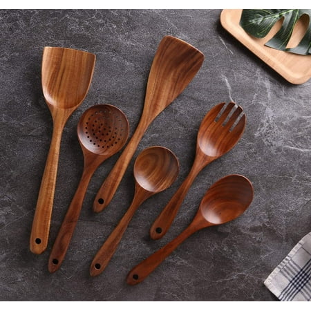 Wooden Kitchen Utensil Set,Salad spoon spatula NAYAHOSE 6-Piece Wood Cooking Spoons Tools for Nonstick Cookware,100/% handmade made by Natural Teak Wood without any painting